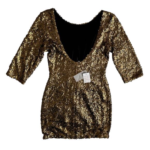 Alberto Makali NWT Gold Sequin Scoop Back Dress Mini Cocktail Party 3/4 Sleeve M - Picture 2 of 8